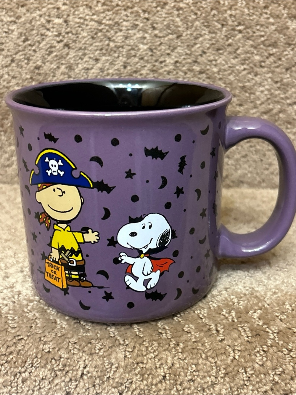 Peanuts Halloween Coffee Mug Vampire Snoopy Pirate Charlie Brown Bats, Stars New